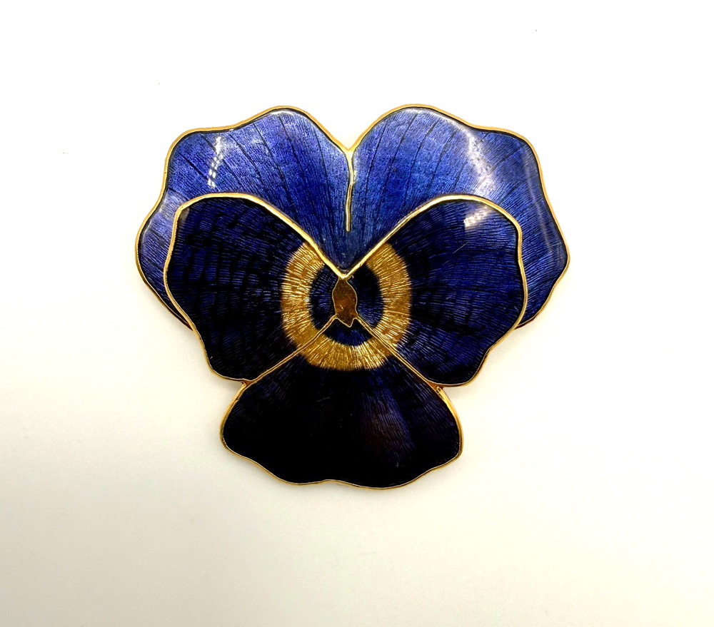 Vintage Fish & Crown Enameled Blue Pansy Brooch Pin 22K Gold Plated 2"